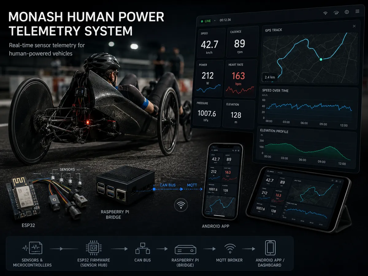 Monash Human Power telemetry: a recumbent racing trike beside live dashboards for speed, cadence, power, heart rate, GPS, and elevation, with the sensor to ESP32 to Raspberry Pi to MQTT to Android data path.
